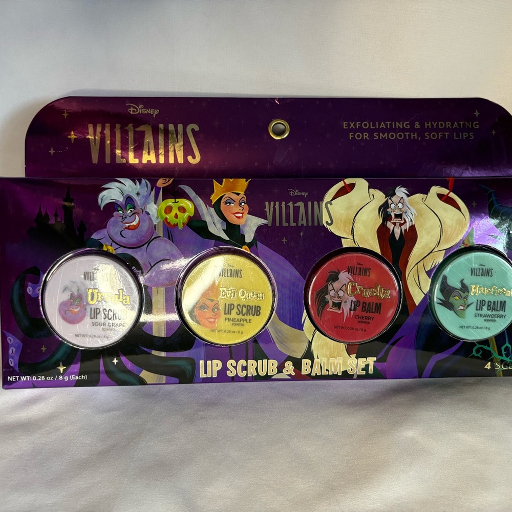 Disney Villains Lip Scrub Balm Set Ursula Evil Queen Cruella Maleficent